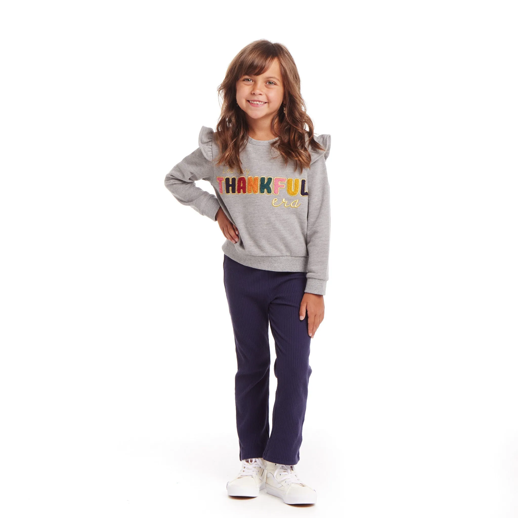 Kids "THANKFUL" Ruffle Crewneck Sweater & Legging Set | Grey Navy