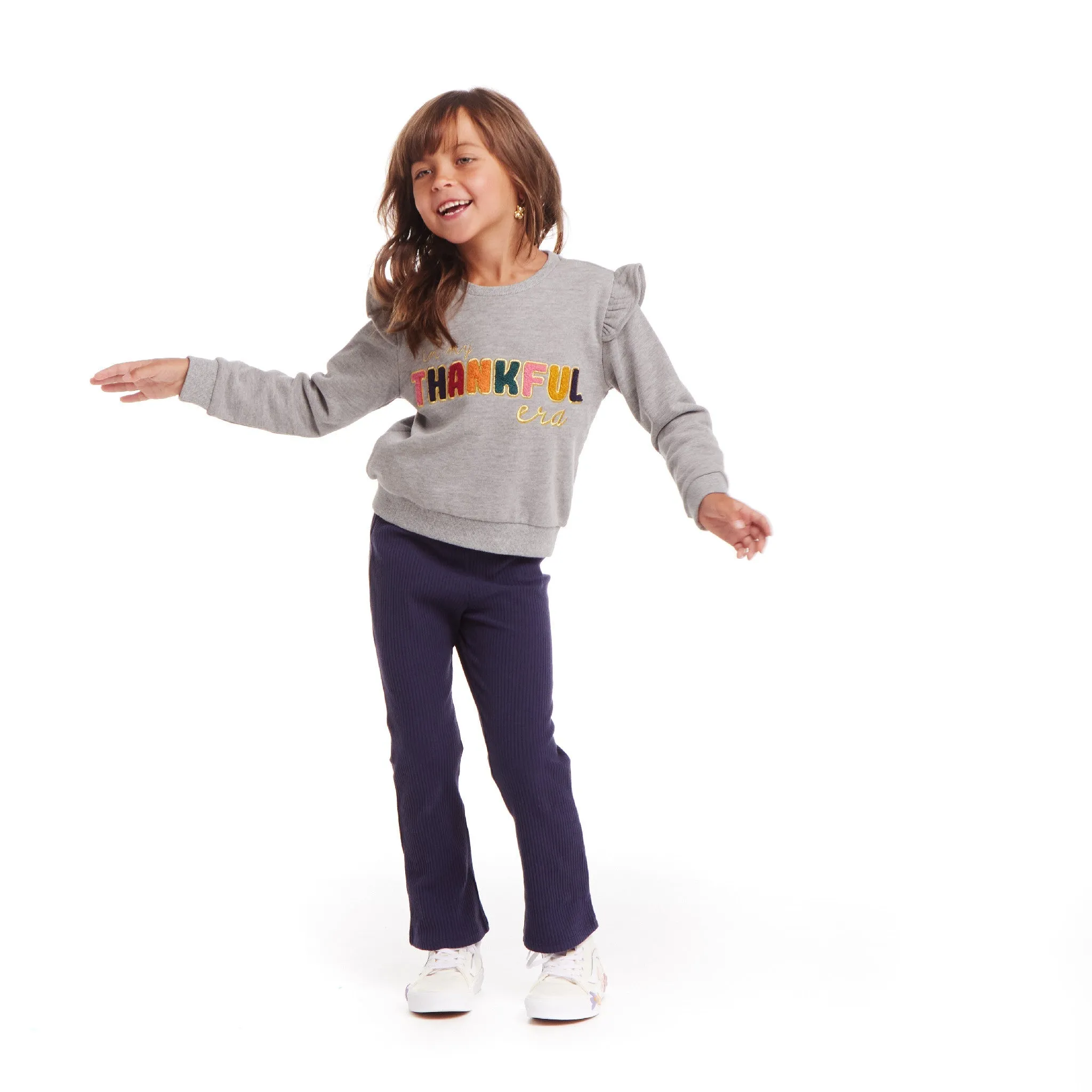 Kids "THANKFUL" Ruffle Crewneck Sweater & Legging Set | Grey Navy