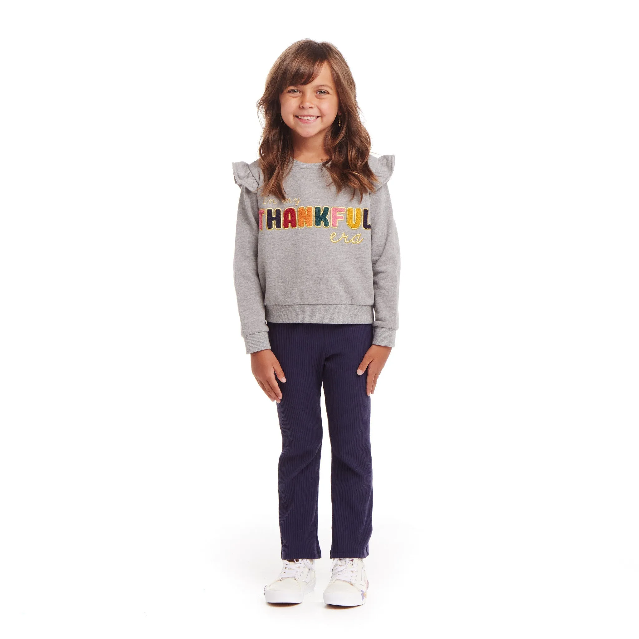 Kids "THANKFUL" Ruffle Crewneck Sweater & Legging Set | Grey Navy
