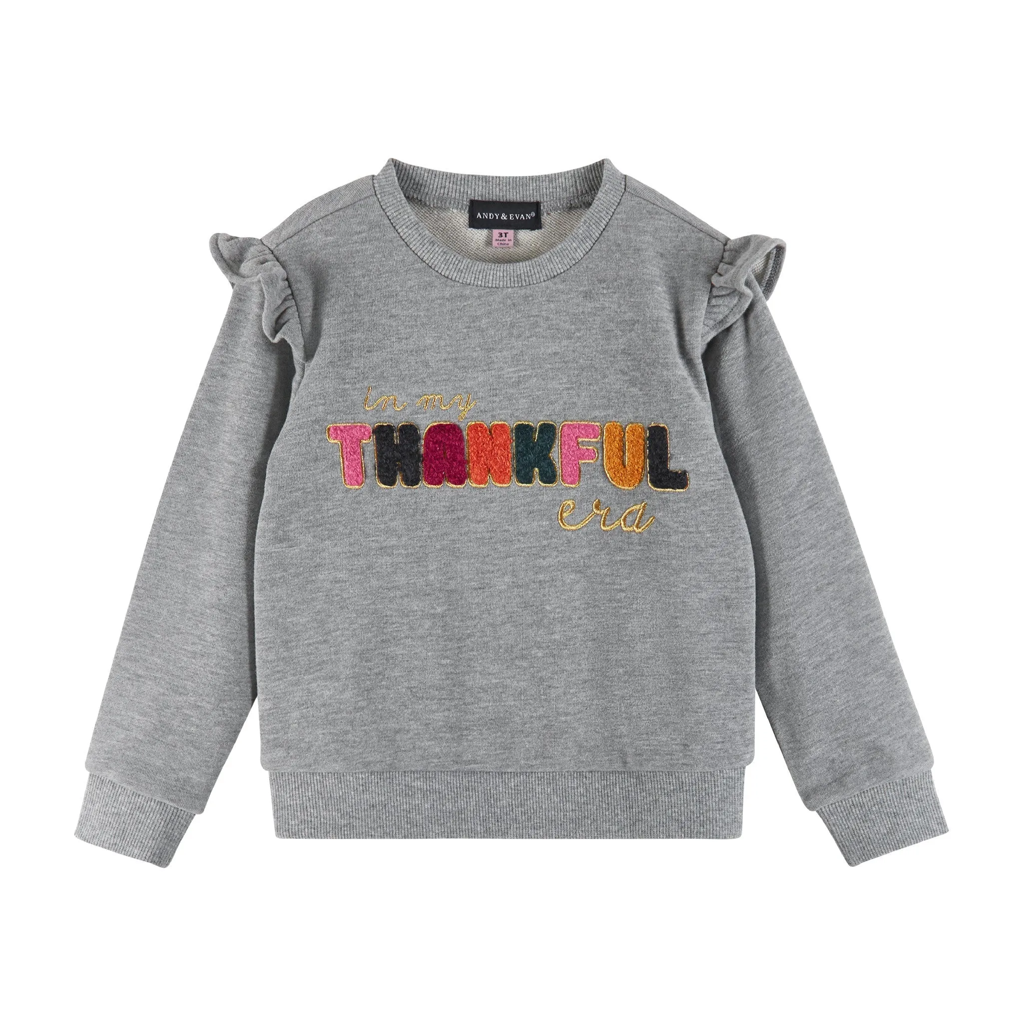 Kids "THANKFUL" Ruffle Crewneck Sweater & Legging Set | Grey Navy