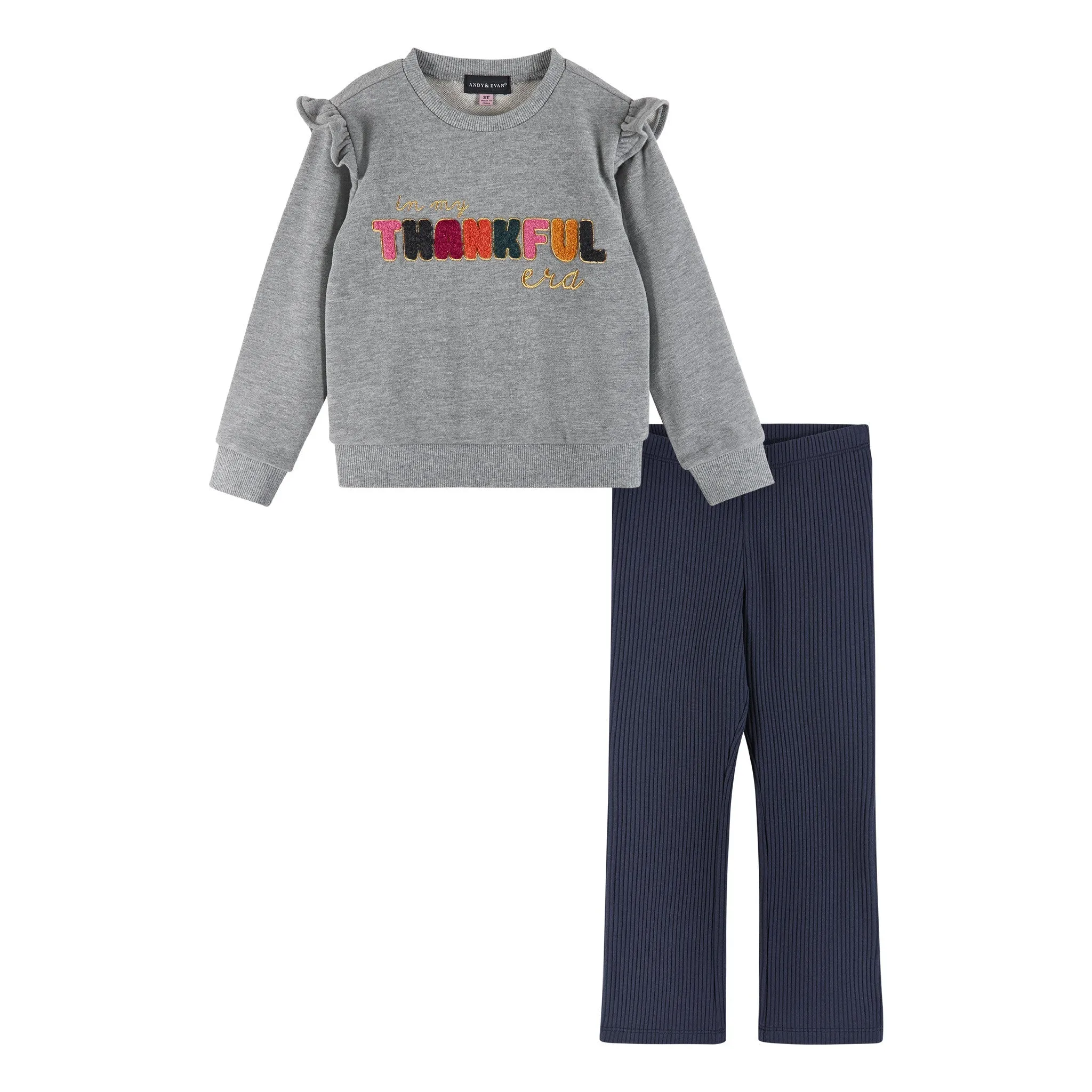 Kids "THANKFUL" Ruffle Crewneck Sweater & Legging Set | Grey Navy