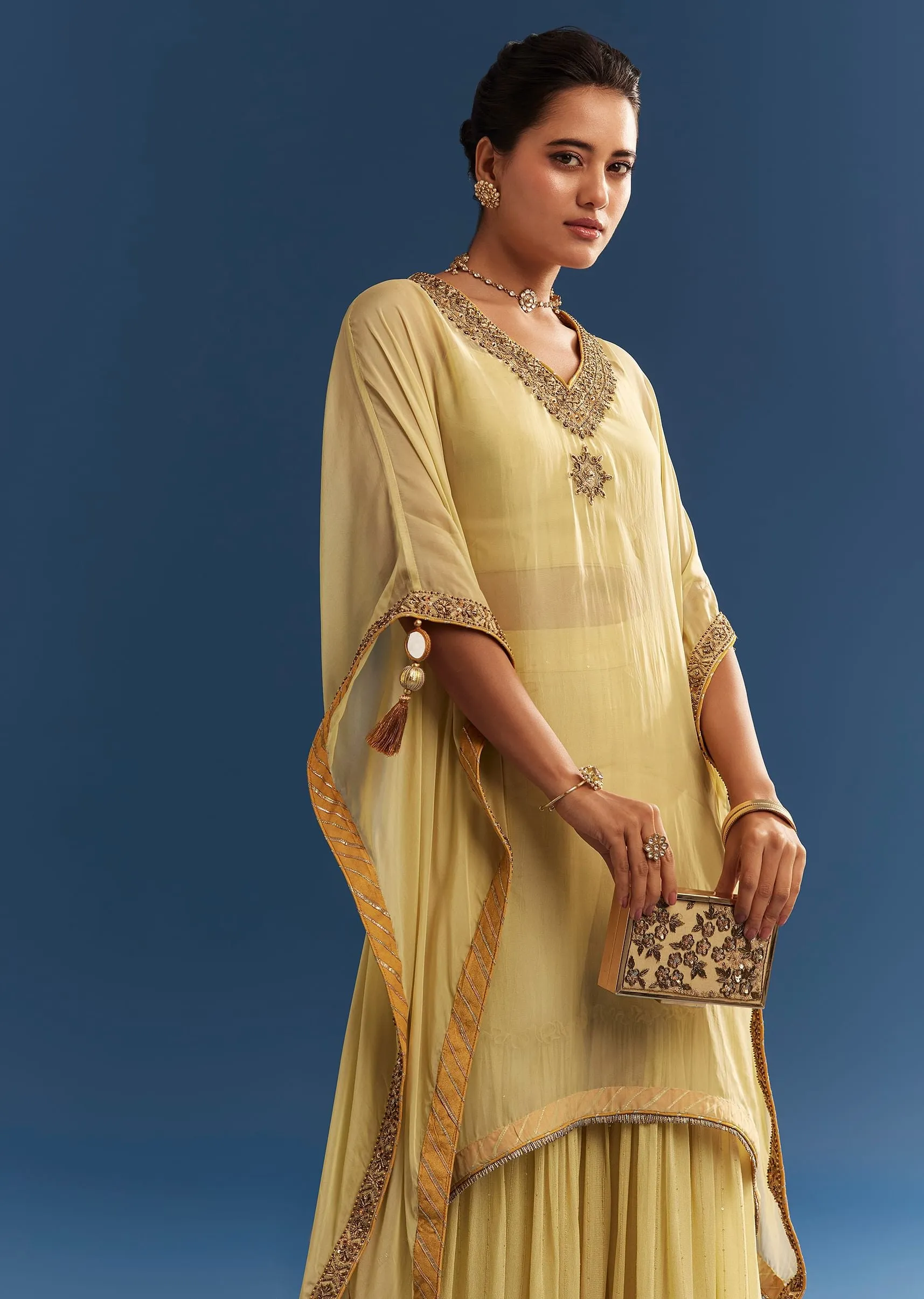 Light Yellow Embroidered Kaftan Sharara Set In Organza