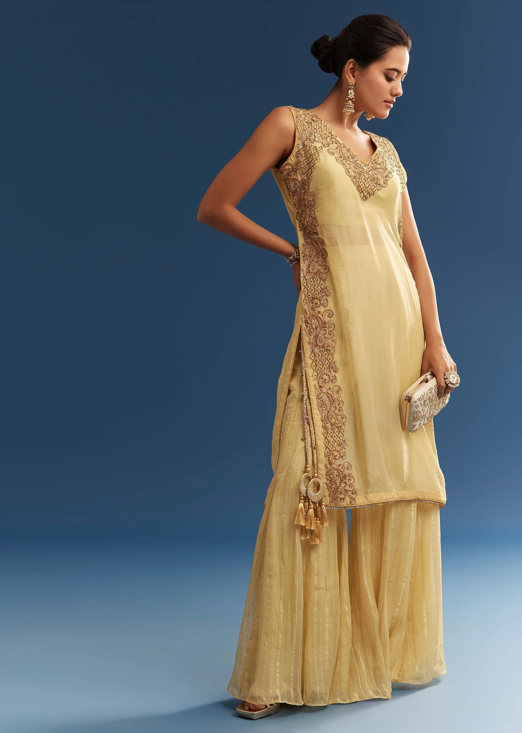 Light Yellow Embroidered Organza Kurta Palazzo Set