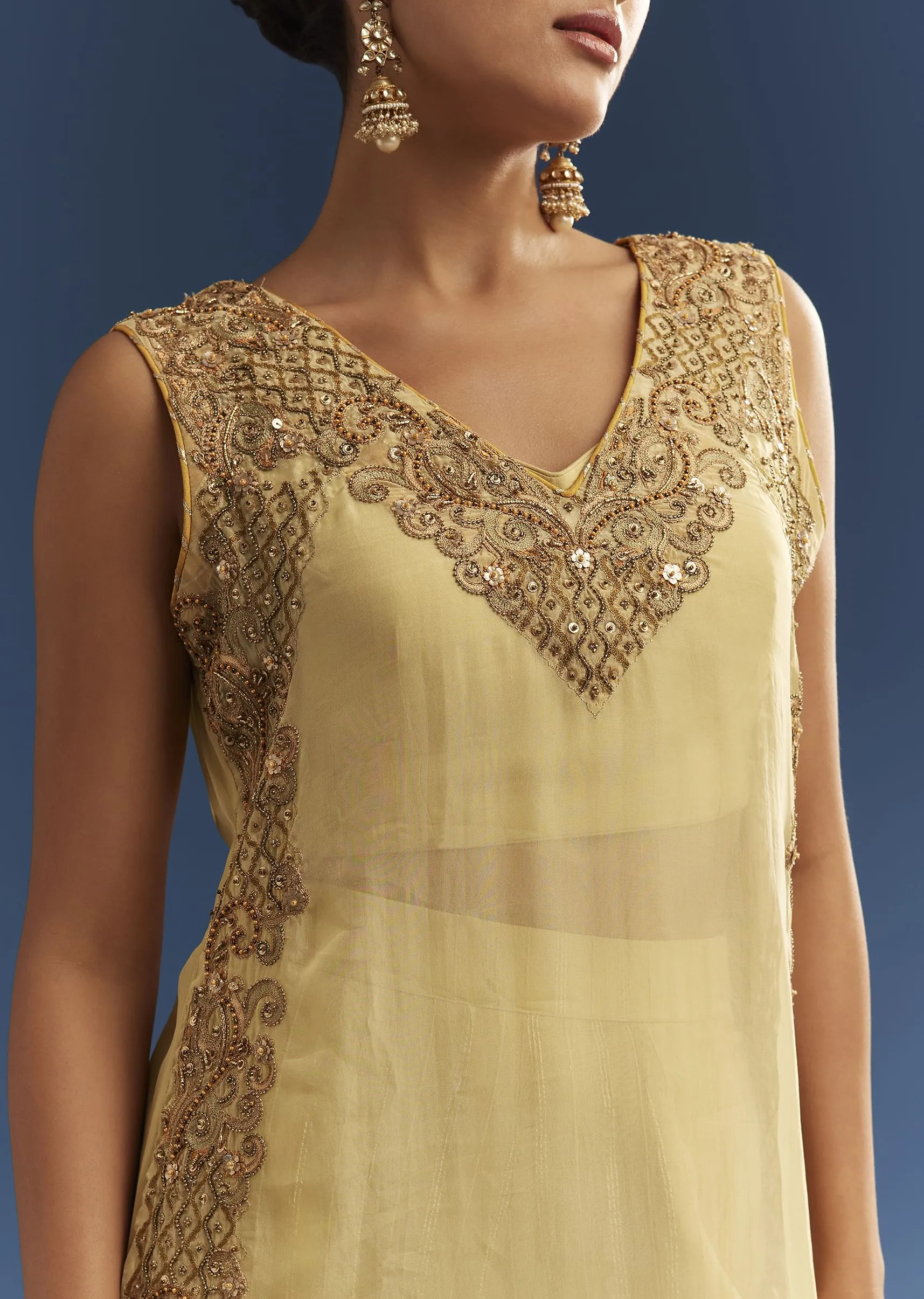 Light Yellow Embroidered Organza Kurta Palazzo Set