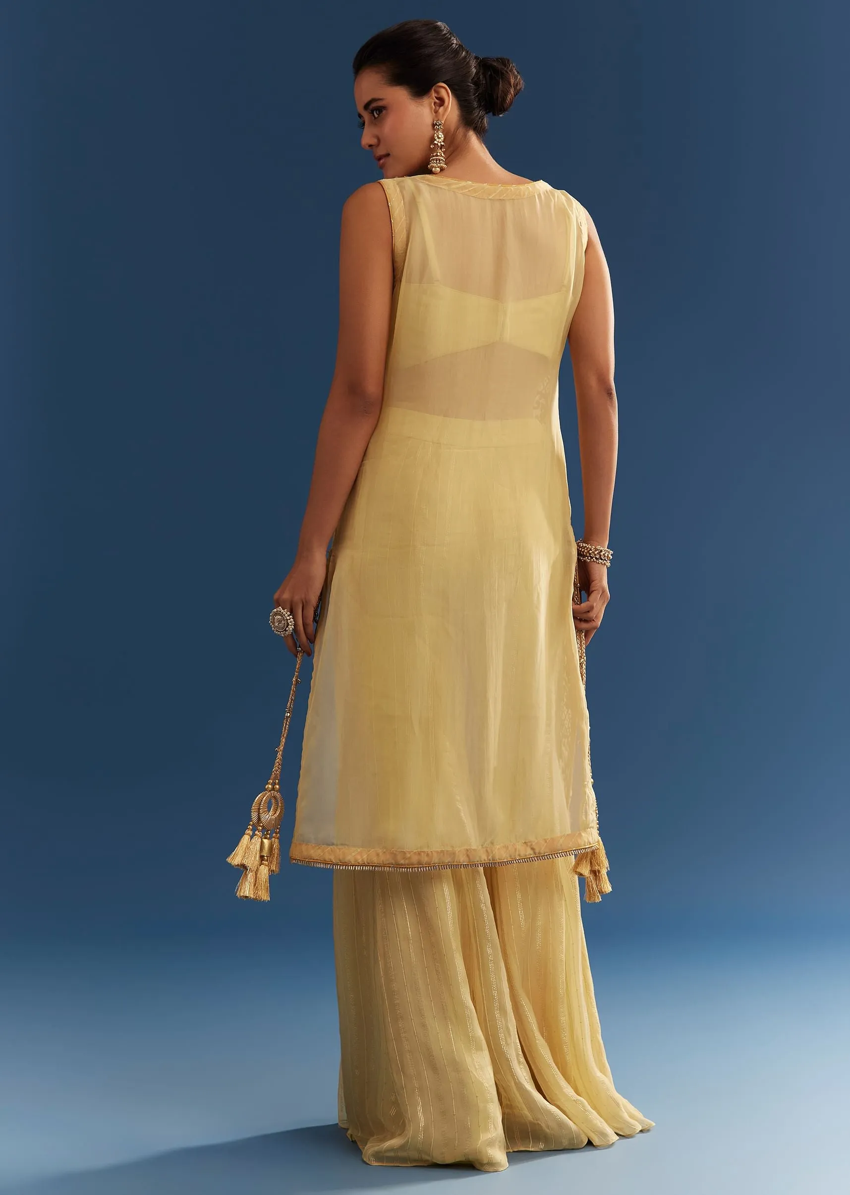 Light Yellow Embroidered Organza Kurta Palazzo Set
