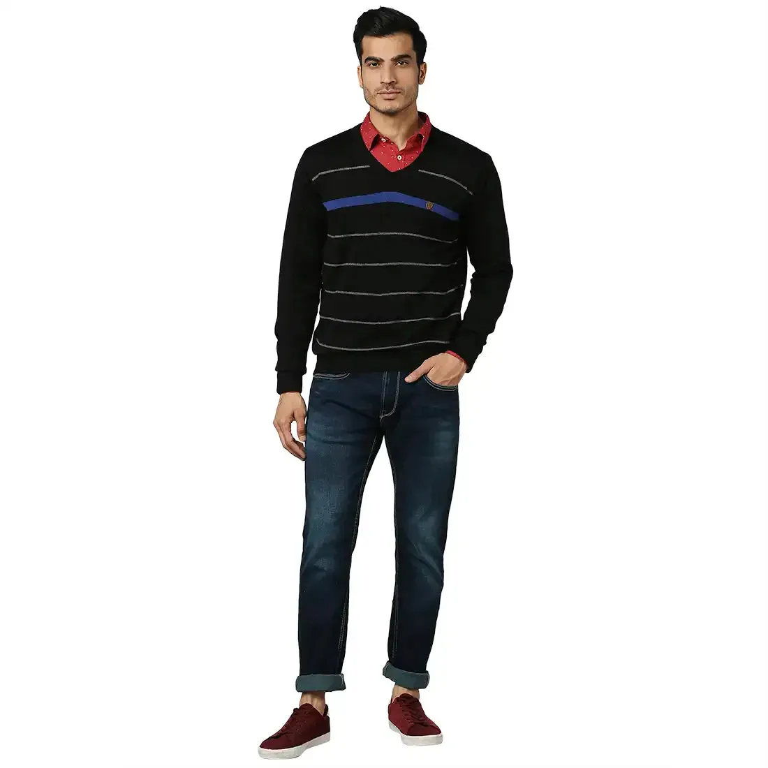 Men Black Stripe Acrylic Wool Blend Full Sleeve V Neck Collar Sweaters