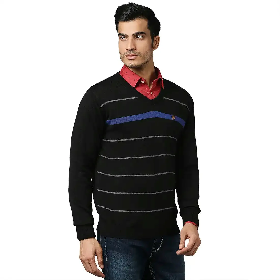 Men Black Stripe Acrylic Wool Blend Full Sleeve V Neck Collar Sweaters