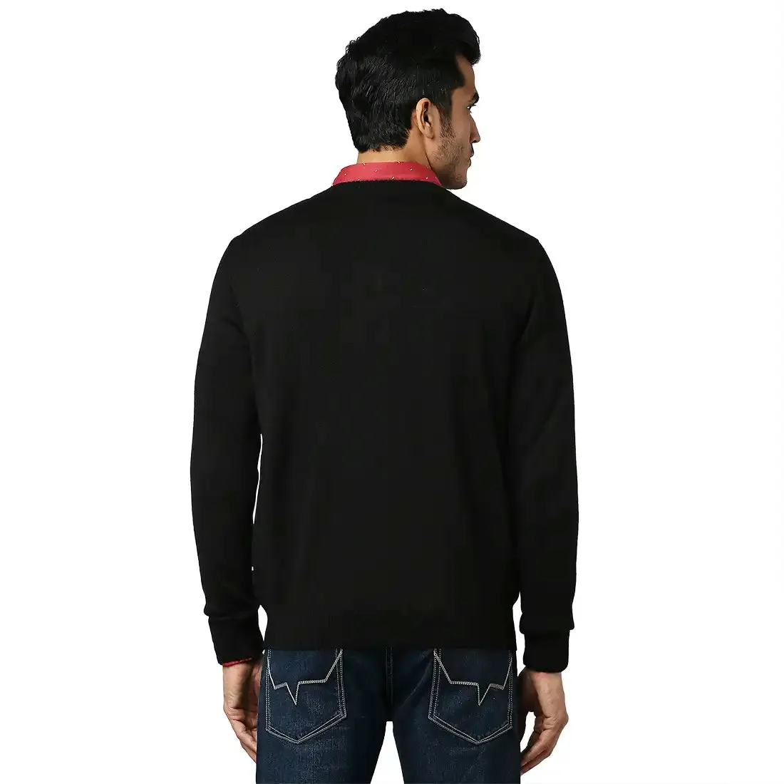 Men Black Stripe Acrylic Wool Blend Full Sleeve V Neck Collar Sweaters