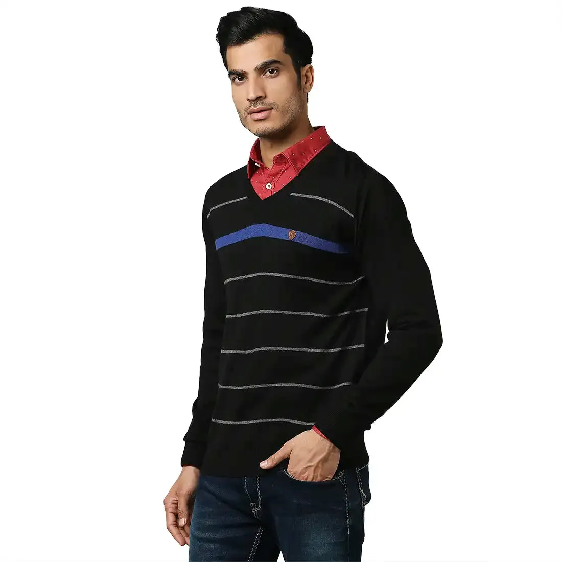 Men Black Stripe Acrylic Wool Blend Full Sleeve V Neck Collar Sweaters