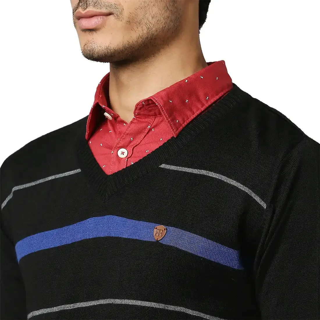 Men Black Stripe Acrylic Wool Blend Full Sleeve V Neck Collar Sweaters