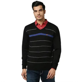 Men Black Stripe Acrylic Wool Blend Full Sleeve V Neck Collar Sweaters