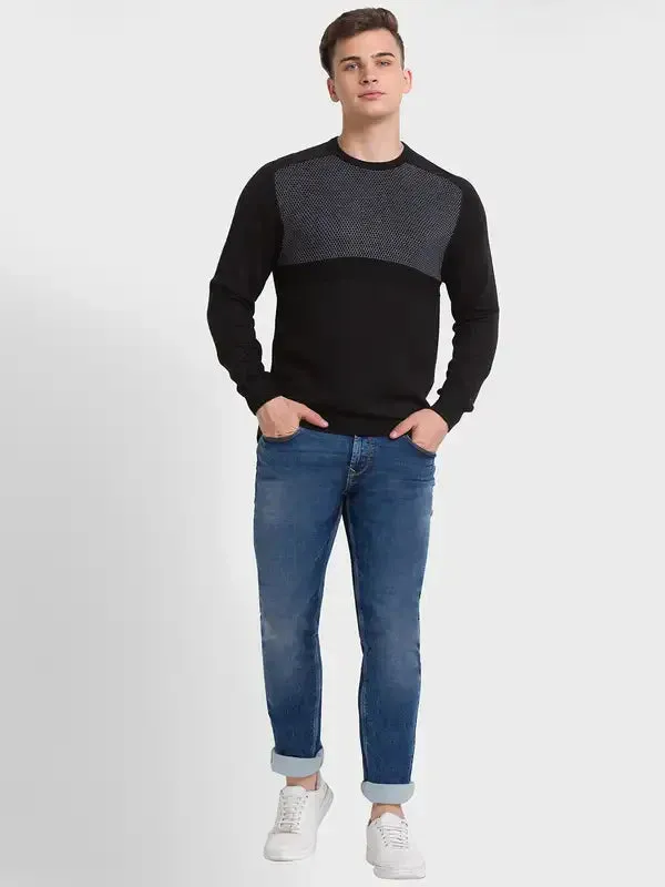 Men Black Tailored Fit Jacquard Acrylic Merino Blend Full Sleeve V Neck Collar Sweaters