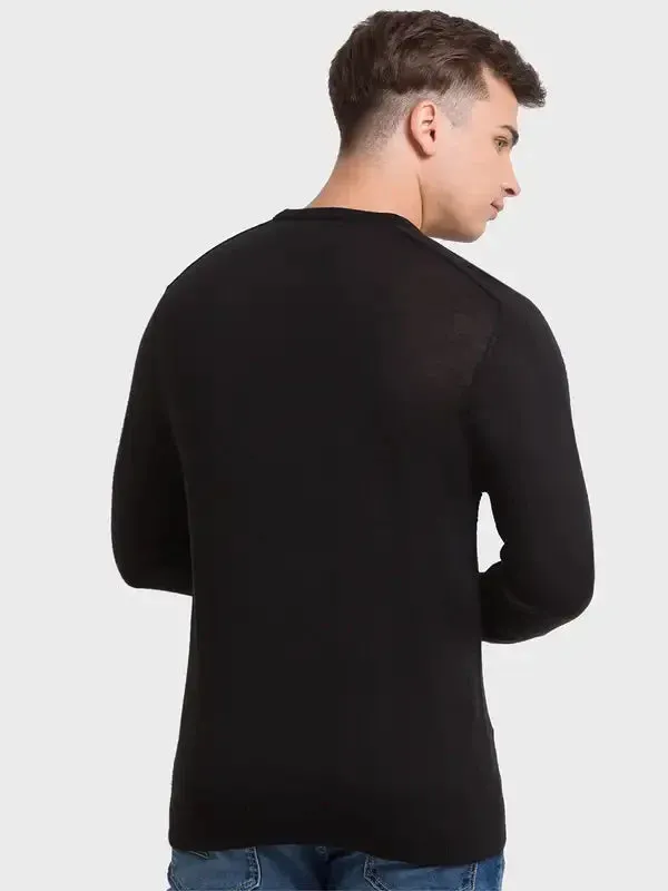 Men Black Tailored Fit Jacquard Acrylic Merino Blend Full Sleeve V Neck Collar Sweaters