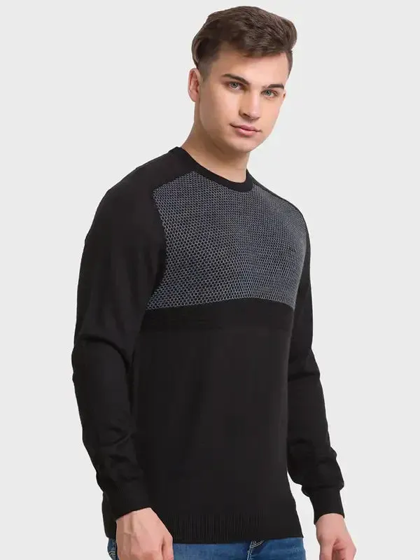 Men Black Tailored Fit Jacquard Acrylic Merino Blend Full Sleeve V Neck Collar Sweaters
