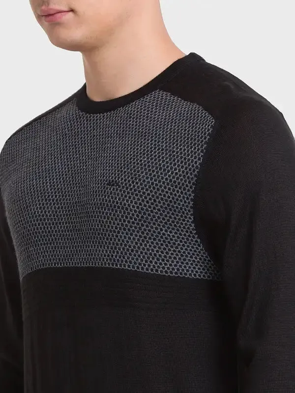 Men Black Tailored Fit Jacquard Acrylic Merino Blend Full Sleeve V Neck Collar Sweaters