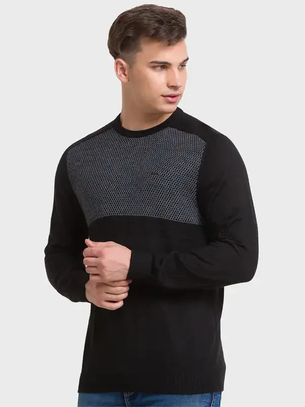 Men Black Tailored Fit Jacquard Acrylic Merino Blend Full Sleeve V Neck Collar Sweaters