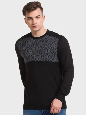 Men Black Tailored Fit Jacquard Acrylic Merino Blend Full Sleeve V Neck Collar Sweaters