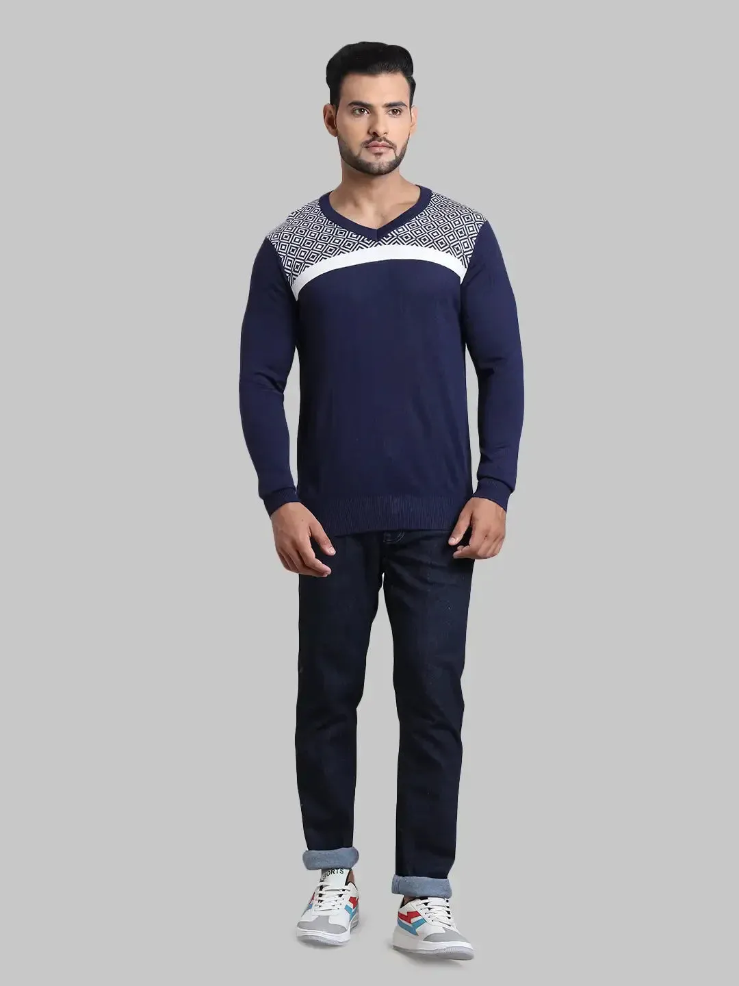 Men Black Tailored Fit Jacquard Acrylic Wool Blend Full Sleeve V Neck Collar Sweaters