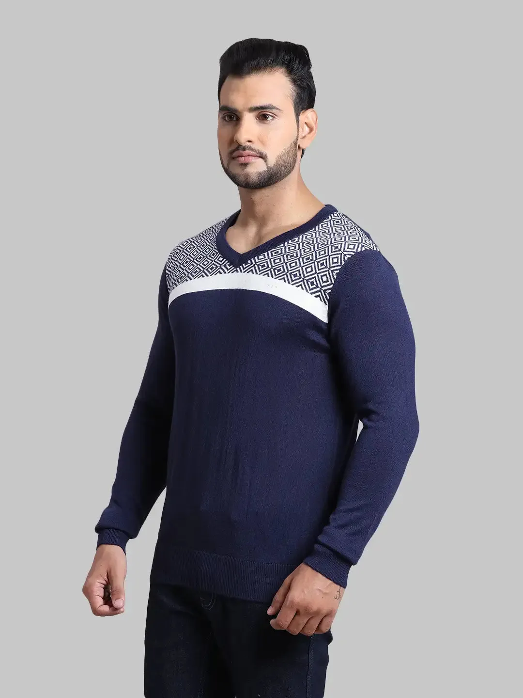 Men Black Tailored Fit Jacquard Acrylic Wool Blend Full Sleeve V Neck Collar Sweaters