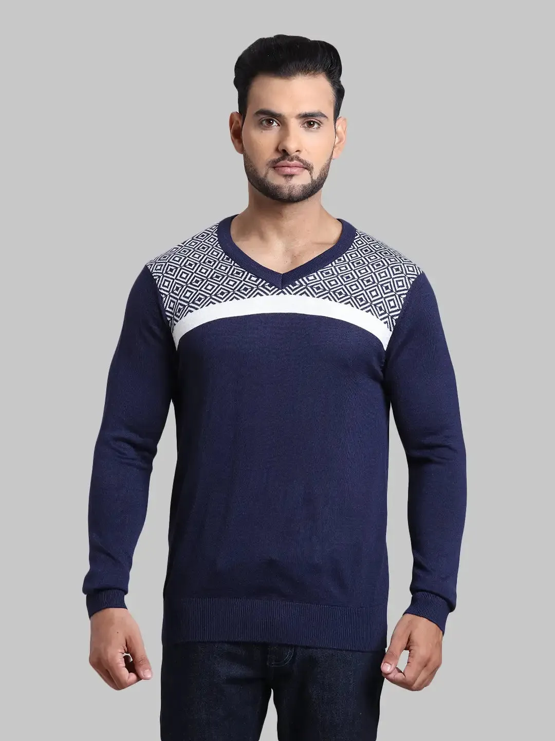 Men Black Tailored Fit Jacquard Acrylic Wool Blend Full Sleeve V Neck Collar Sweaters