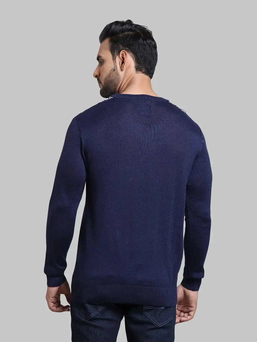 Men Black Tailored Fit Jacquard Acrylic Wool Blend Full Sleeve V Neck Collar Sweaters