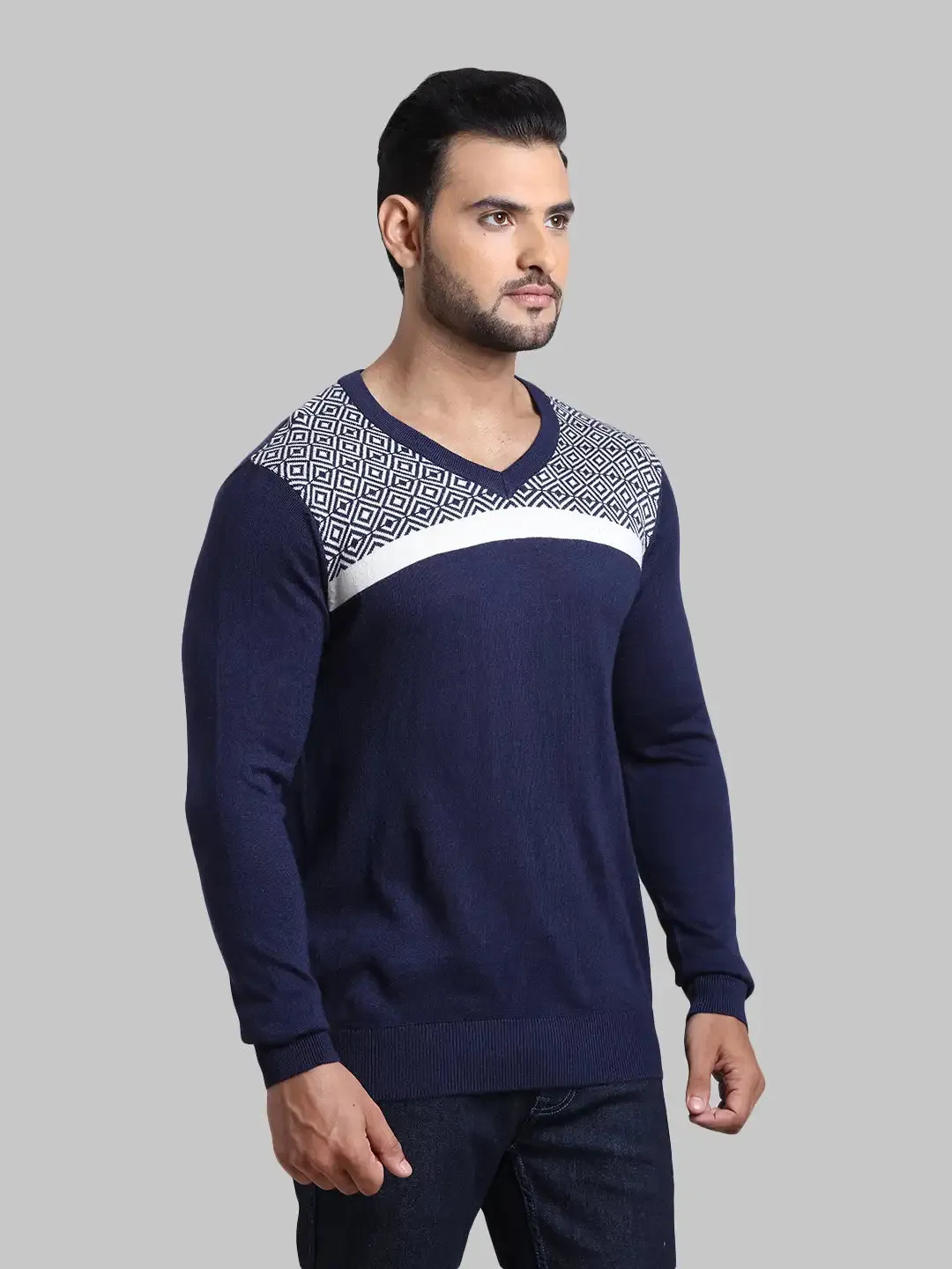 Men Black Tailored Fit Jacquard Acrylic Wool Blend Full Sleeve V Neck Collar Sweaters
