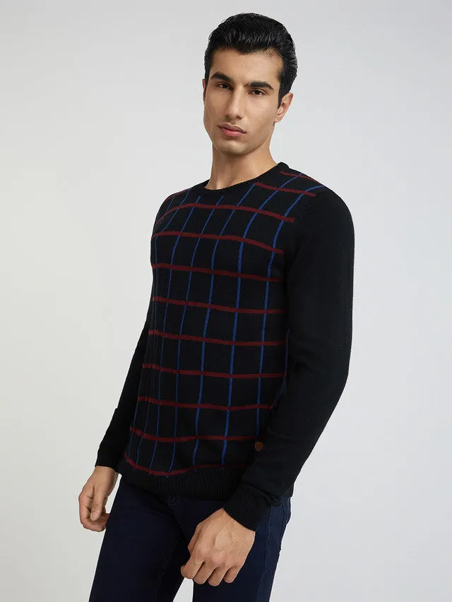 Men Black Wrapper Acrylic Wool Blend Round Collar Sweaters