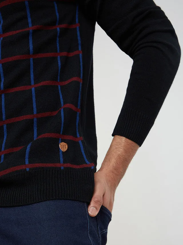 Men Black Wrapper Acrylic Wool Blend Round Collar Sweaters