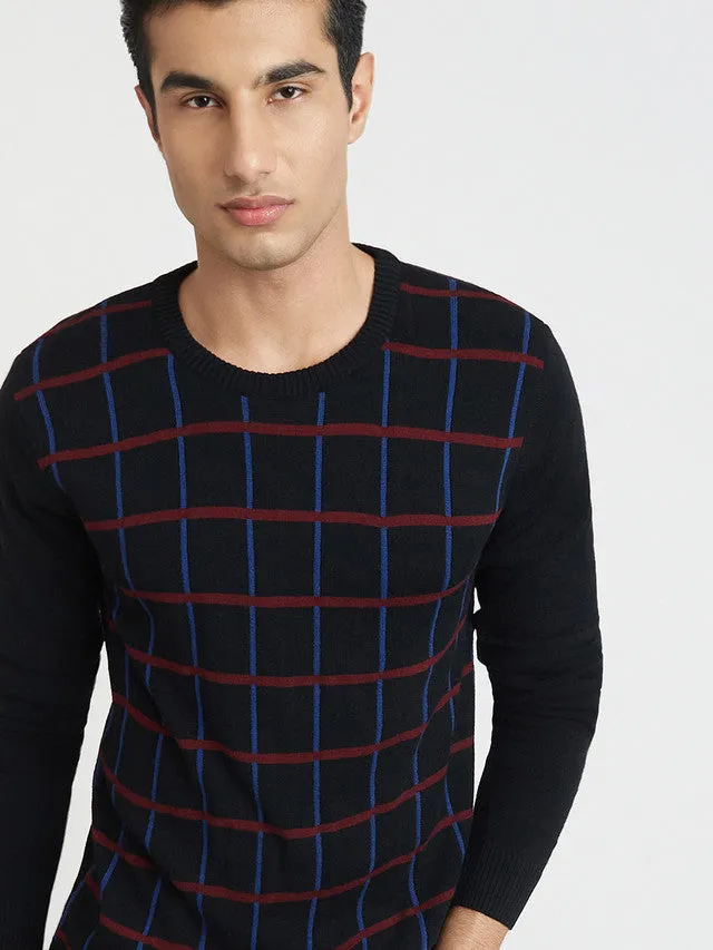 Men Black Wrapper Acrylic Wool Blend Round Collar Sweaters