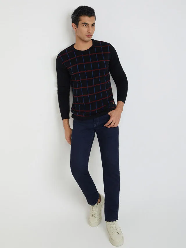 Men Black Wrapper Acrylic Wool Blend Round Collar Sweaters