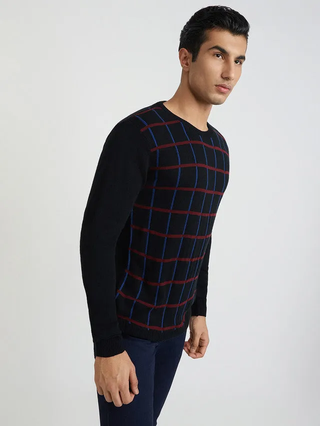 Men Black Wrapper Acrylic Wool Blend Round Collar Sweaters