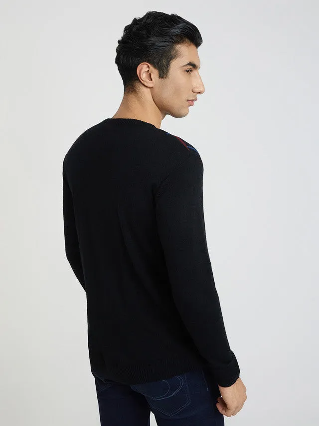 Men Black Wrapper Acrylic Wool Blend Round Collar Sweaters