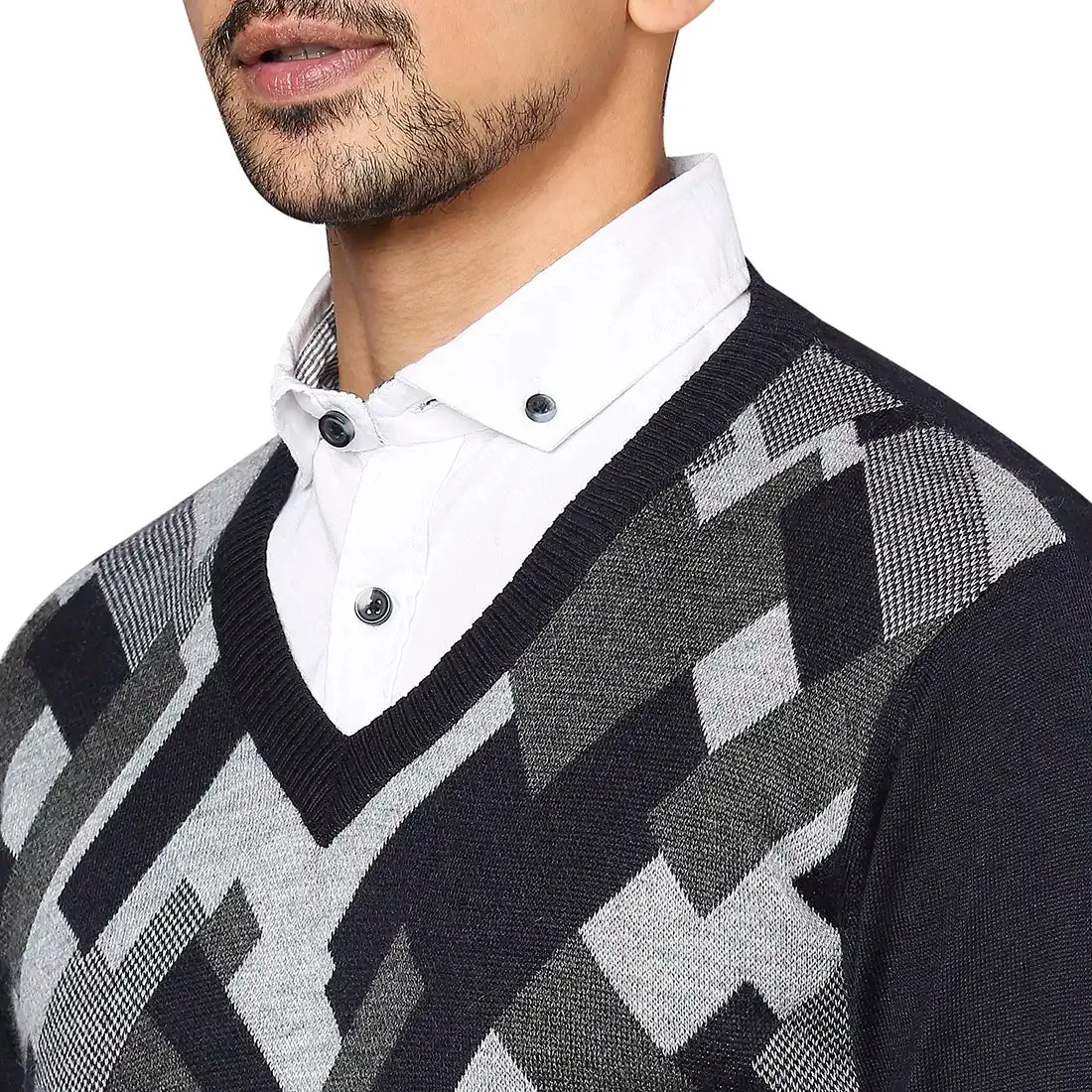 Men Blue Intarsia Wool Blend Full Sleeve V Neck Collar Sweaters