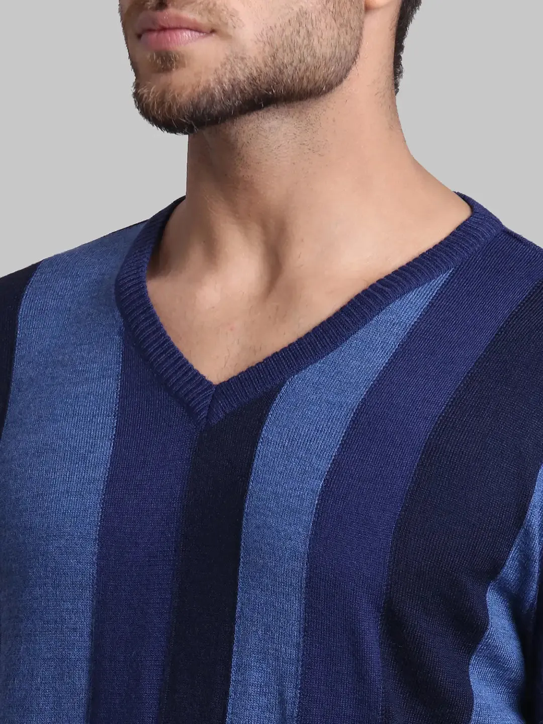 Men Blue Regular Fit Stripe Acrylic Blend Full Sleeve V Neck Collar Sweaters