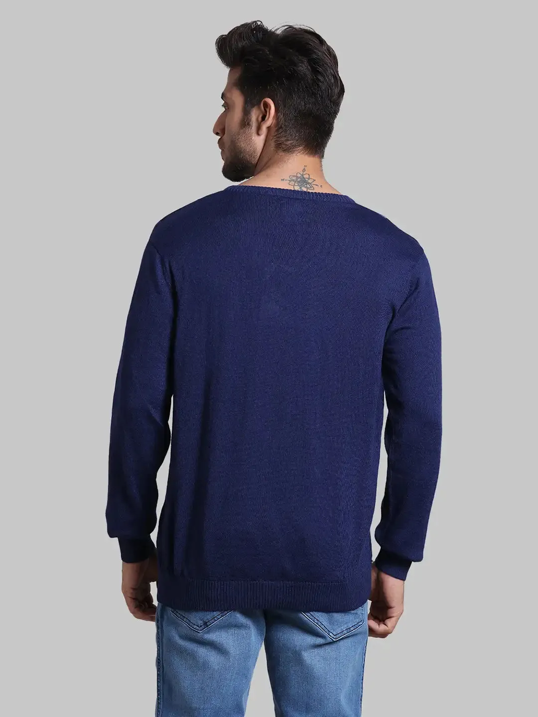 Men Blue Regular Fit Stripe Acrylic Blend Full Sleeve V Neck Collar Sweaters