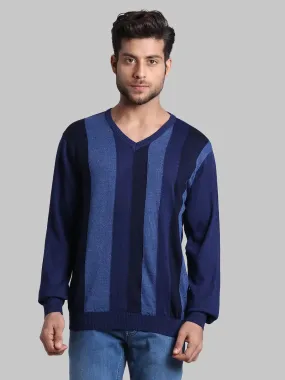 Men Blue Regular Fit Stripe Acrylic Blend Full Sleeve V Neck Collar Sweaters