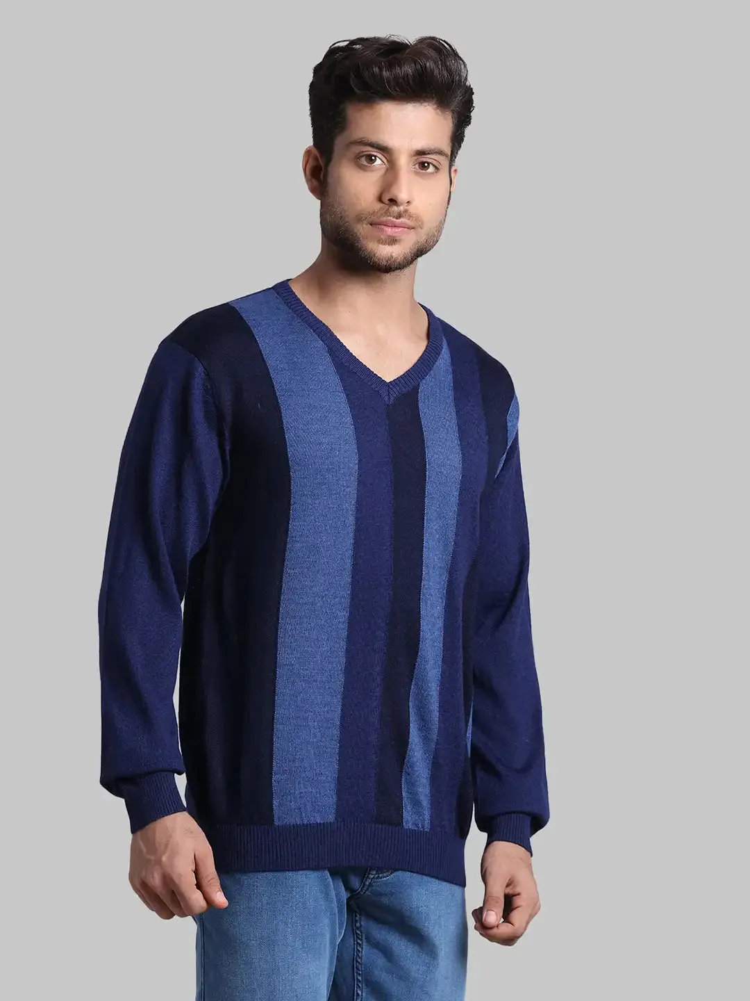 Men Blue Regular Fit Stripe Acrylic Blend Full Sleeve V Neck Collar Sweaters