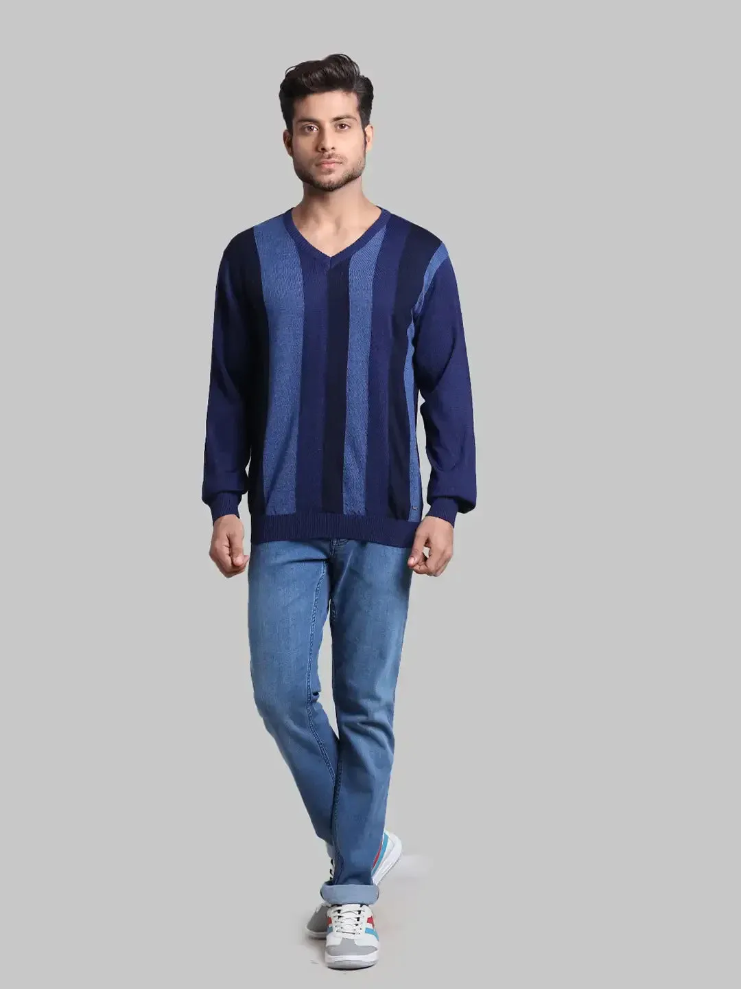 Men Blue Regular Fit Stripe Acrylic Blend Full Sleeve V Neck Collar Sweaters
