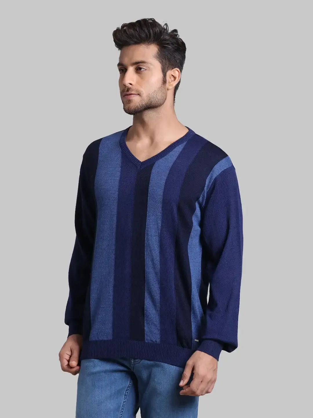 Men Blue Regular Fit Stripe Acrylic Blend Full Sleeve V Neck Collar Sweaters