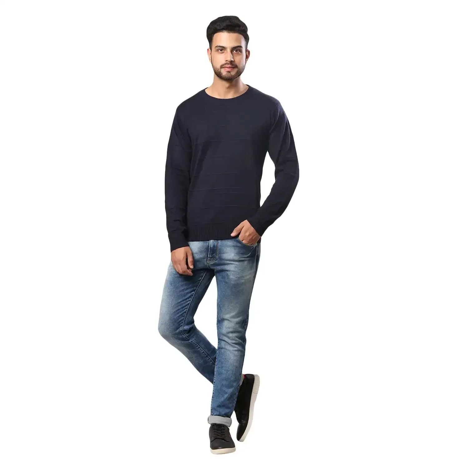 Men Blue Structure Cable Acrylic Wool Blend Full Sleeve V Neck Collar Sweaters