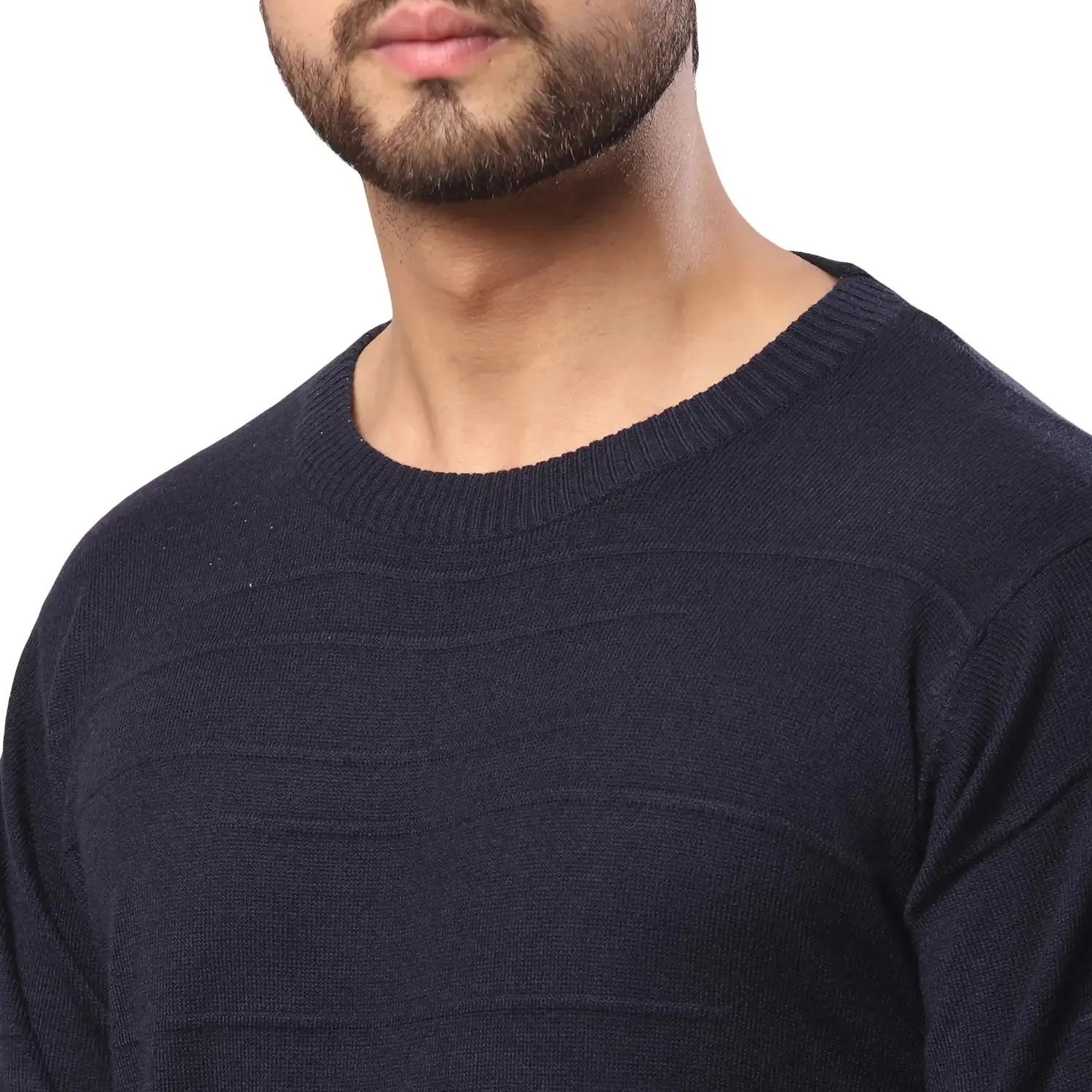 Men Blue Structure Cable Acrylic Wool Blend Full Sleeve V Neck Collar Sweaters