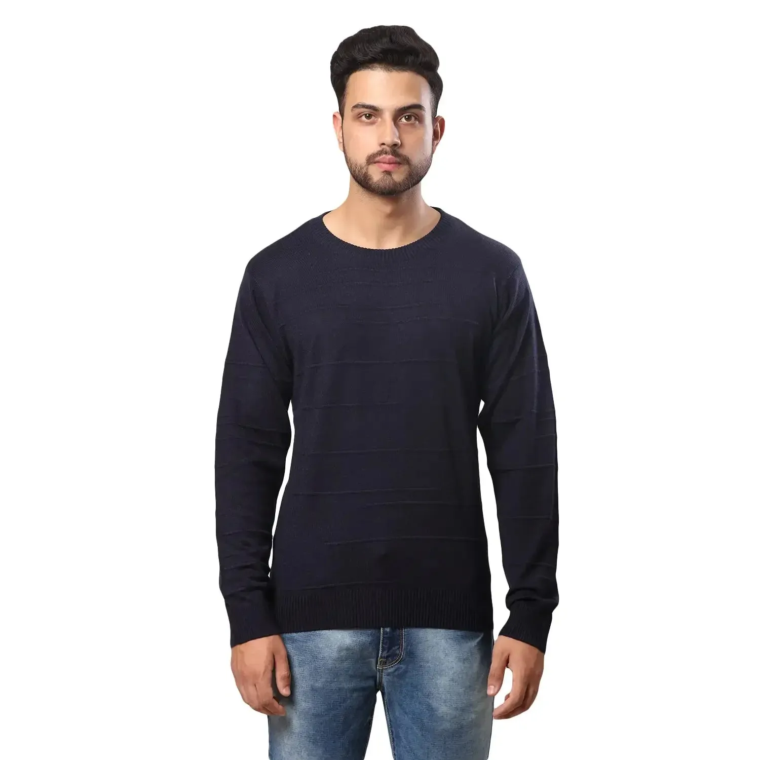 Men Blue Structure Cable Acrylic Wool Blend Full Sleeve V Neck Collar Sweaters