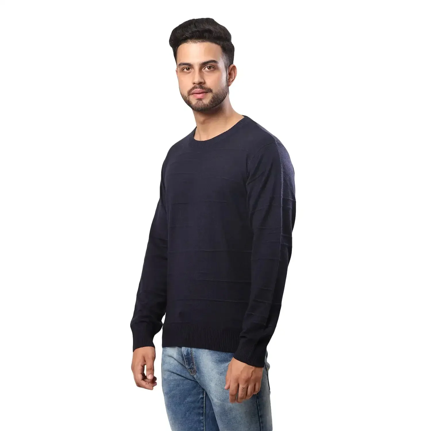 Men Blue Structure Cable Acrylic Wool Blend Full Sleeve V Neck Collar Sweaters