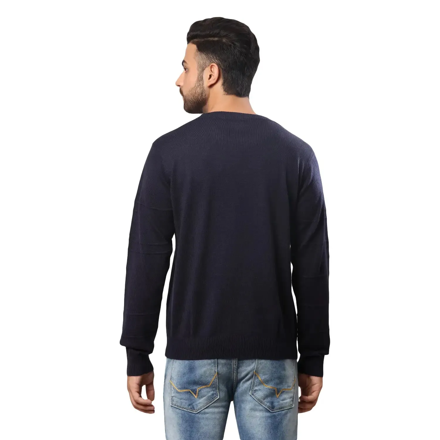 Men Blue Structure Cable Acrylic Wool Blend Full Sleeve V Neck Collar Sweaters
