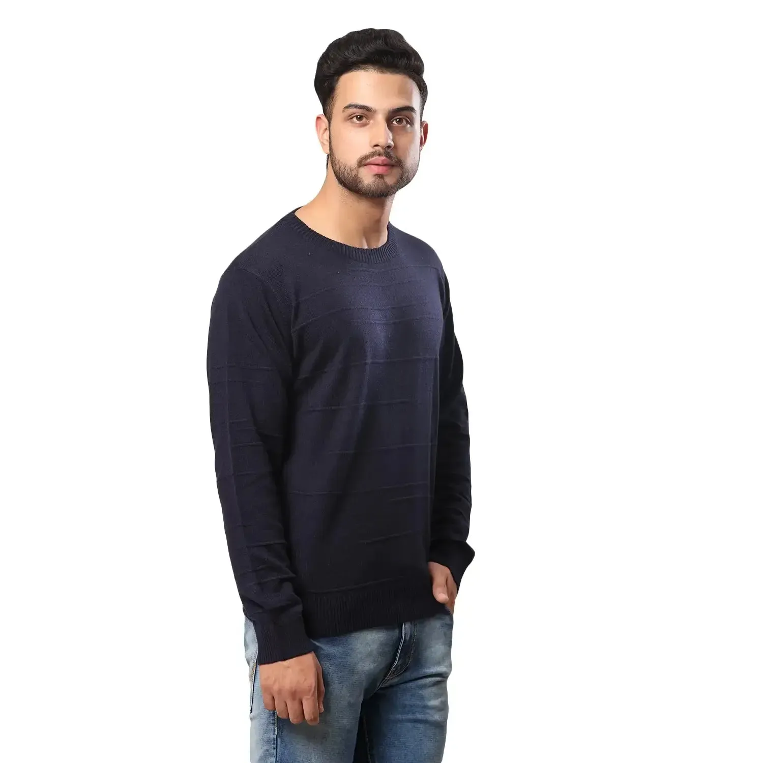 Men Blue Structure Cable Acrylic Wool Blend Full Sleeve V Neck Collar Sweaters