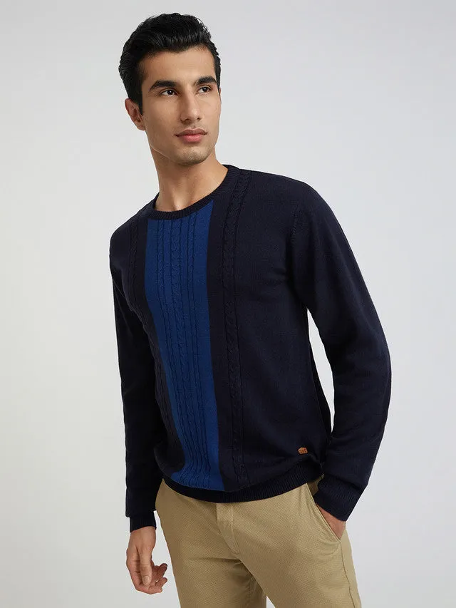 Men Blue Structure Cable Acrylic Wool Blend Round Collar Sweaters
