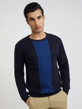 Men Blue Structure Cable Acrylic Wool Blend Round Collar Sweaters