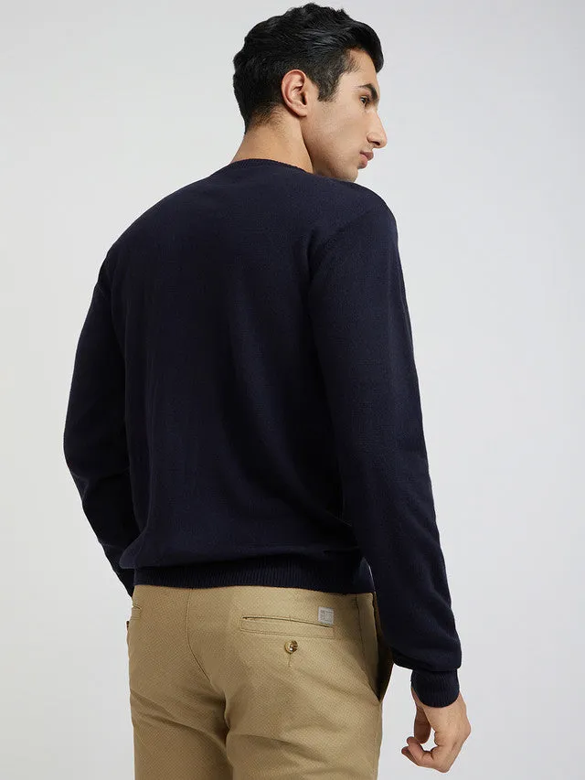 Men Blue Structure Cable Acrylic Wool Blend Round Collar Sweaters