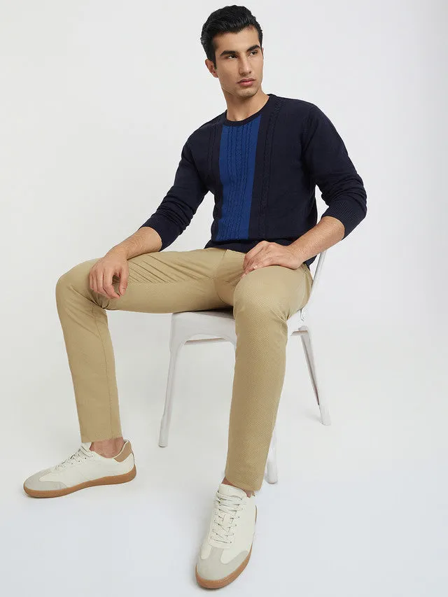 Men Blue Structure Cable Acrylic Wool Blend Round Collar Sweaters