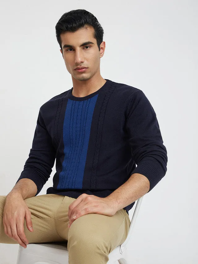 Men Blue Structure Cable Acrylic Wool Blend Round Collar Sweaters